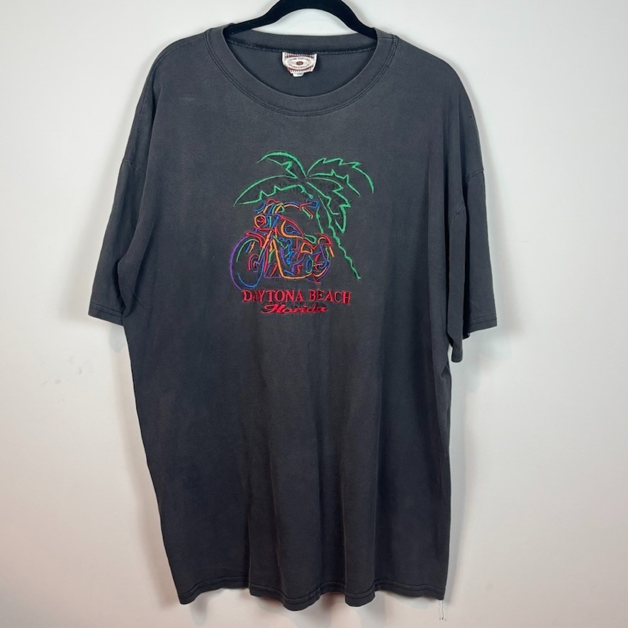 Vtg Mens Grey Daytona Beach Florida Embroidered Graphic Short Sleeve Tee Xxl Usa